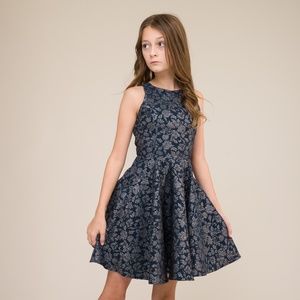 Un Deux Trois Navy & Silver Jacquard Party Dress with Racer Back Size 16 EUC